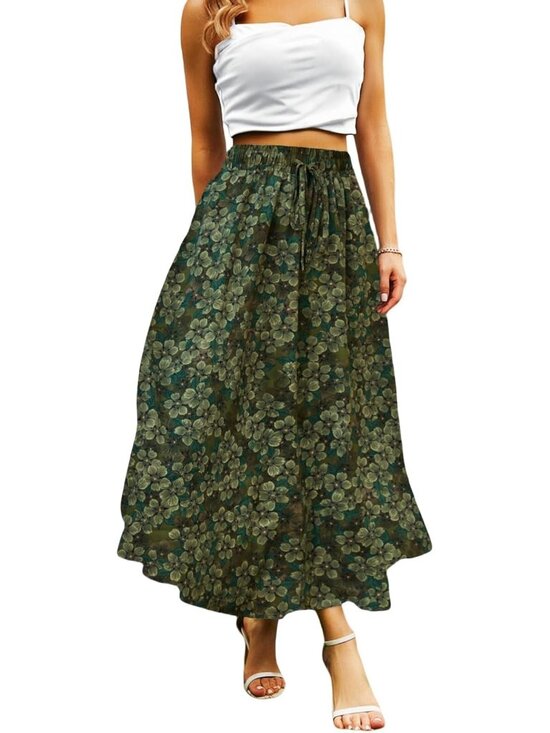 Dresses & Skirts - Womens Green Floral 100% Polyester Elastic Length Casual with Pockets Maxi Skirt